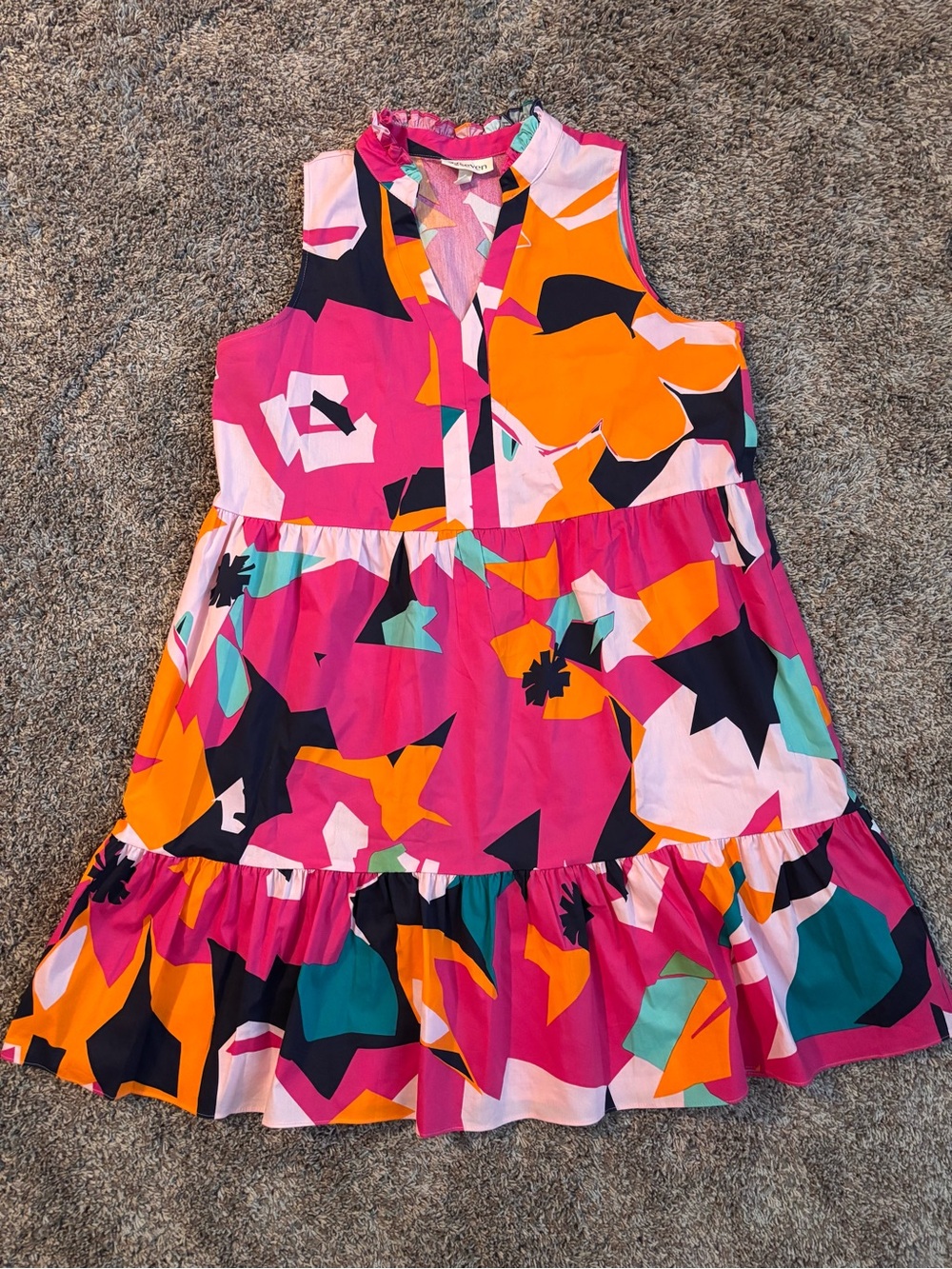 Abstract Pop Art Tiered Mini Dress | Bright Pink Orange Retro Resortcore Size PL - Picture 2 of 10